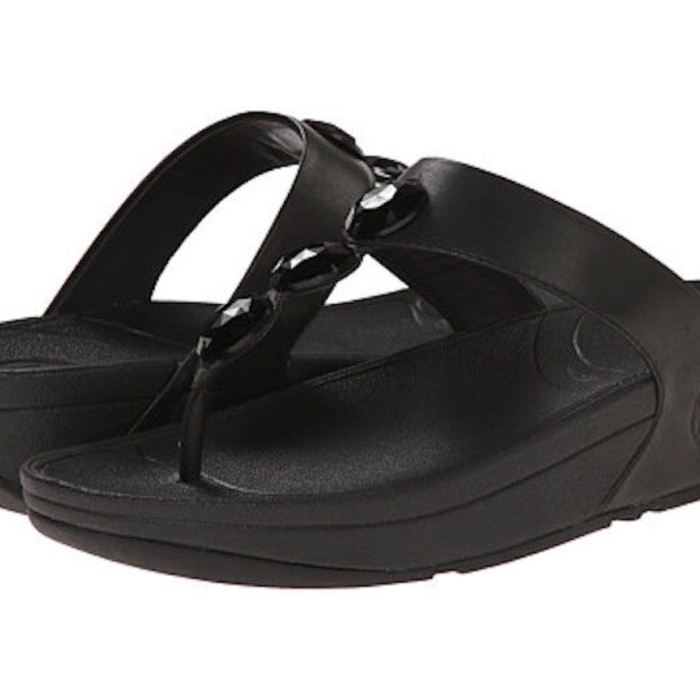 FitFlop Petra Black Jeweled Thong Leather Sandal Slip On Size US 9